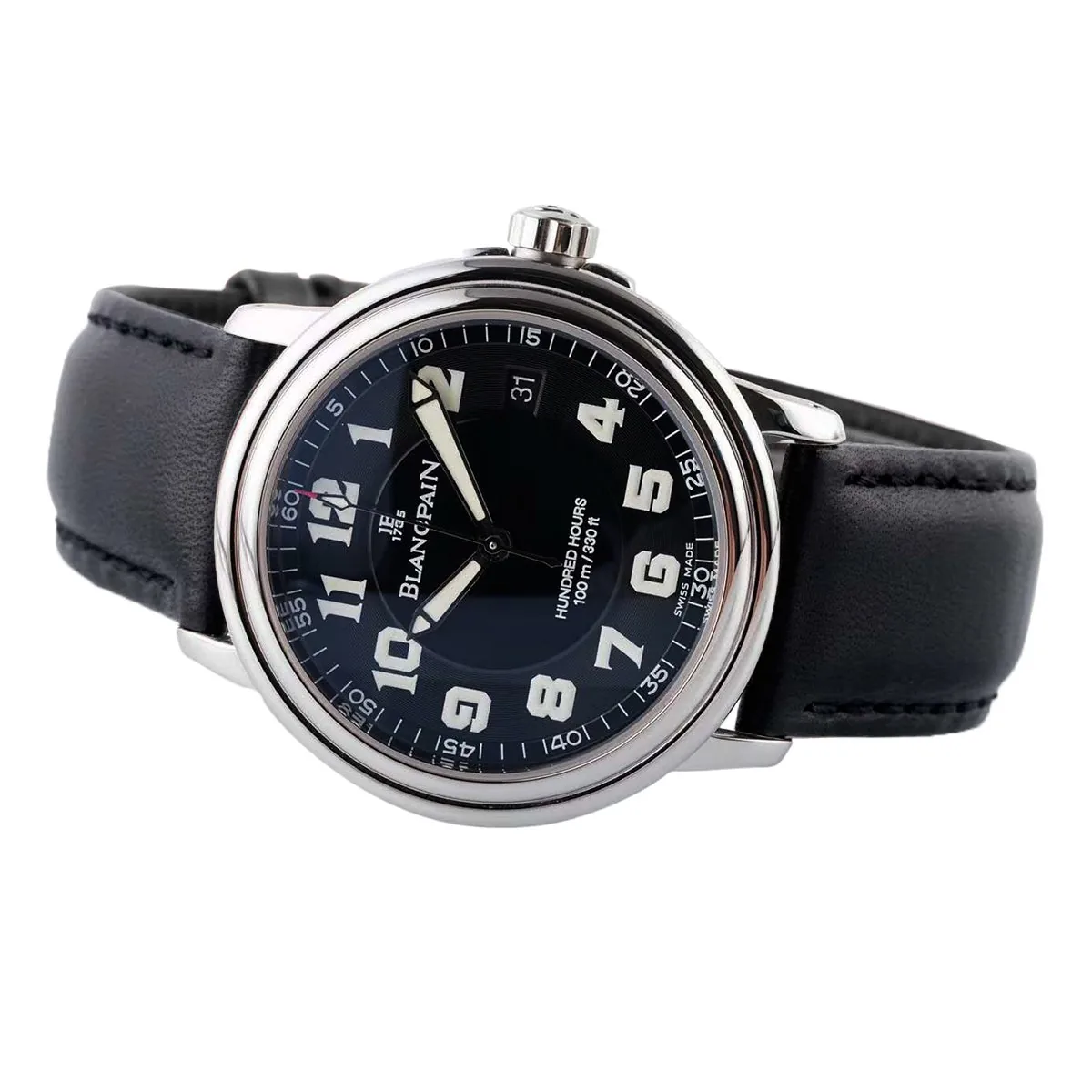 Hundred Hours cadran noir en acier sur bracelet en cuir noir – Image 2