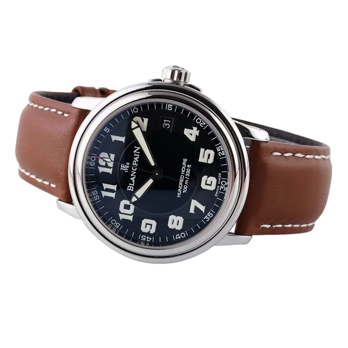 Hundred Hours schwarzes Zifferblatt in Stahl am braunen Lederarmband – Bild 2