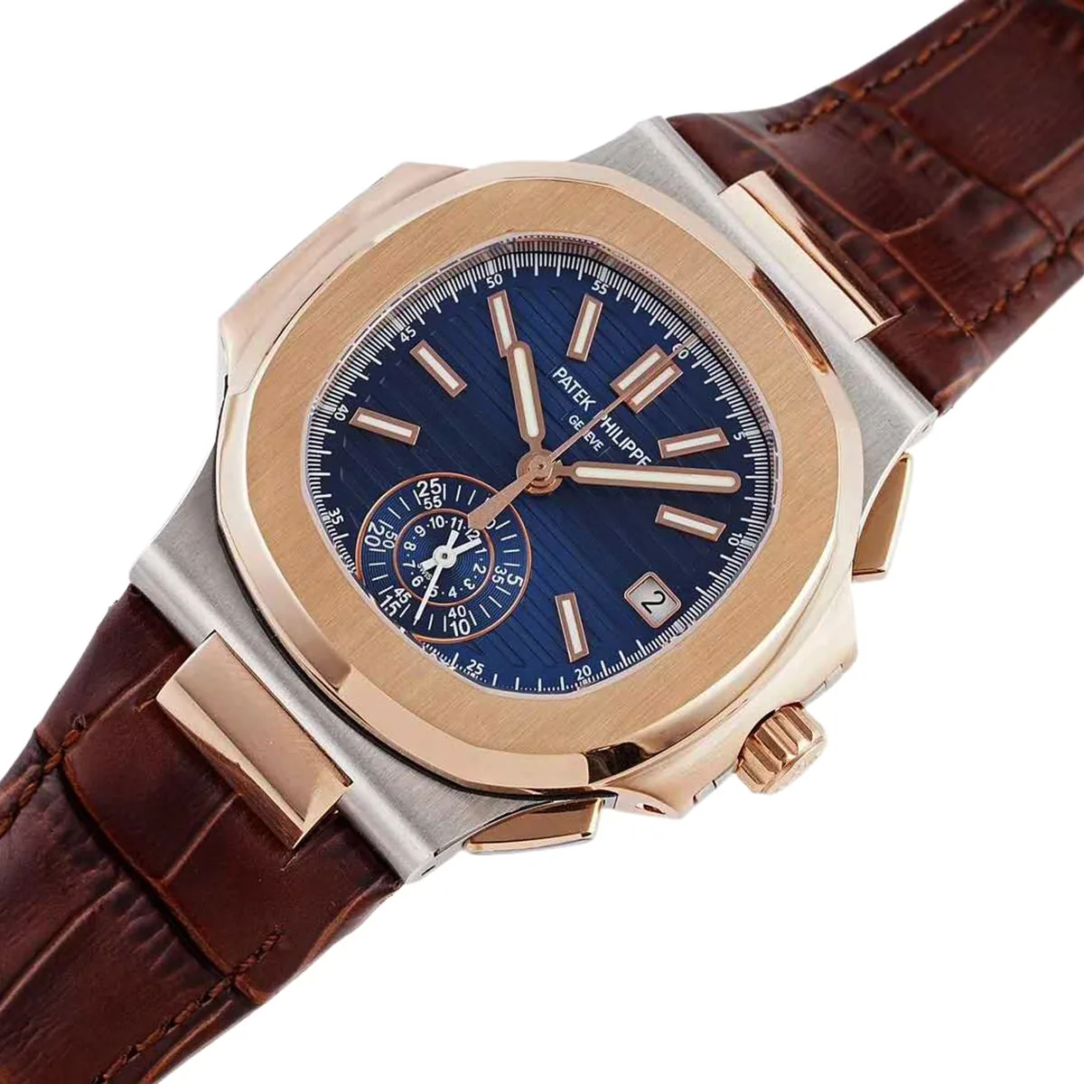 Nautilus Chronograph 5980/1AR in Steel and Rose Gold on Brown Leather Strap - Image 2