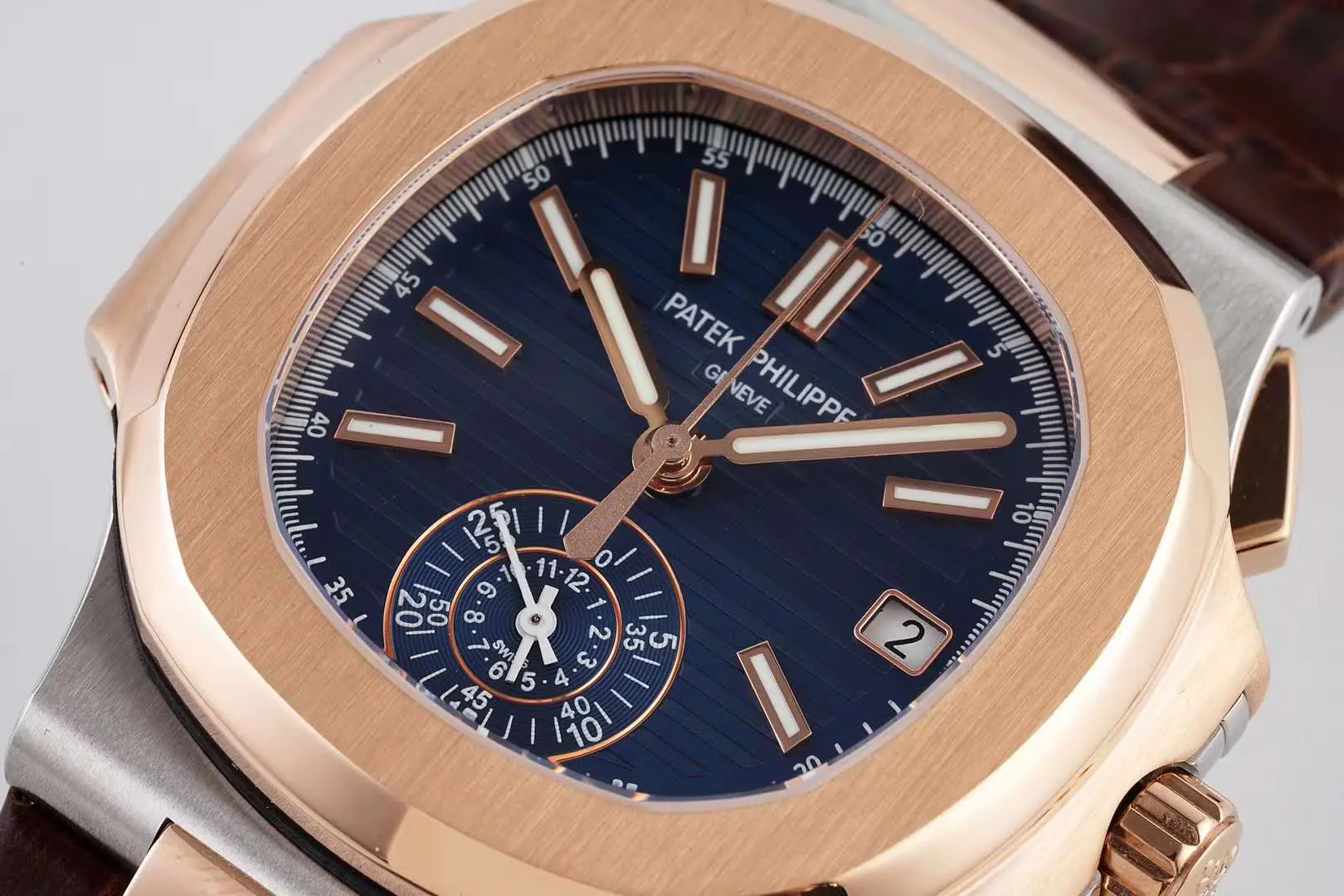 Nautilus Chronograph 5980/1AR in Steel and Rose Gold on Brown Leather Strap - Image 3