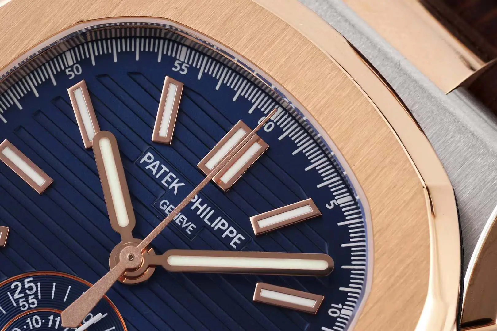 Nautilus Chronograph 5980/1AR in Steel and Rose Gold on Brown Leather Strap - Image 4