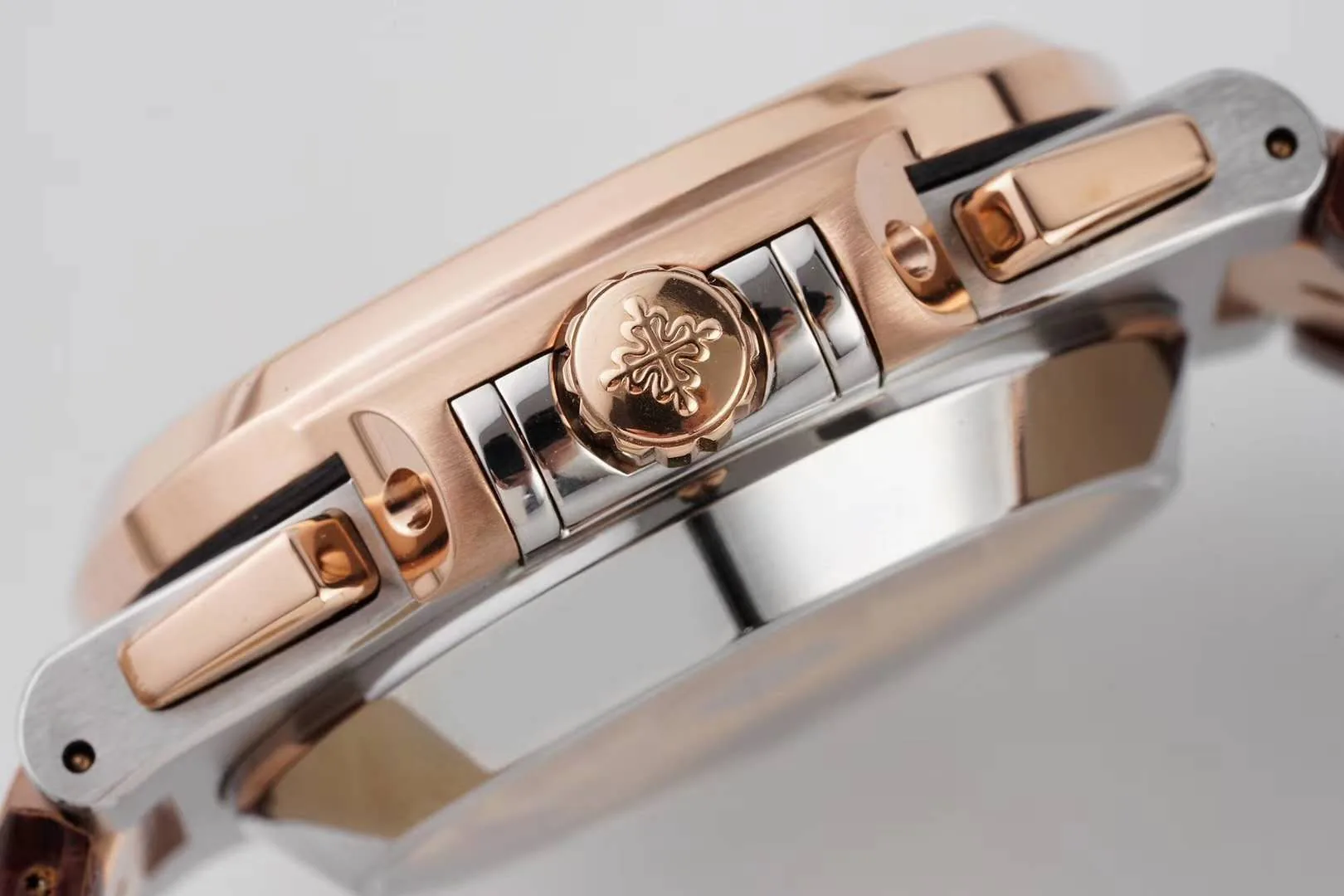 Nautilus Chronograph 5980/1AR in Steel and Rose Gold on Brown Leather Strap - Image 8