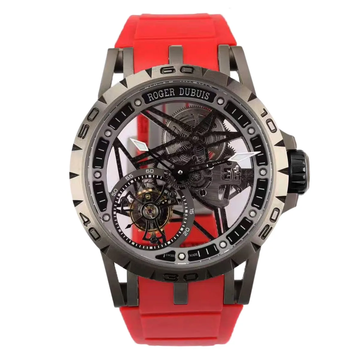 Excalibur Spider Skeleton Flying Tourbillon con correa de caucho roja