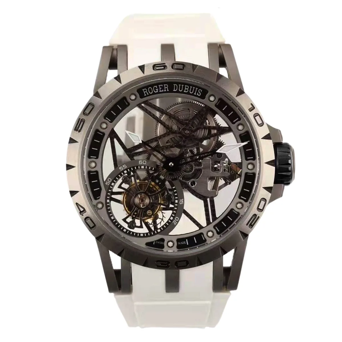 Excalibur Spider Skeleton Flying Tourbillon mit weißem Kautschukarmband