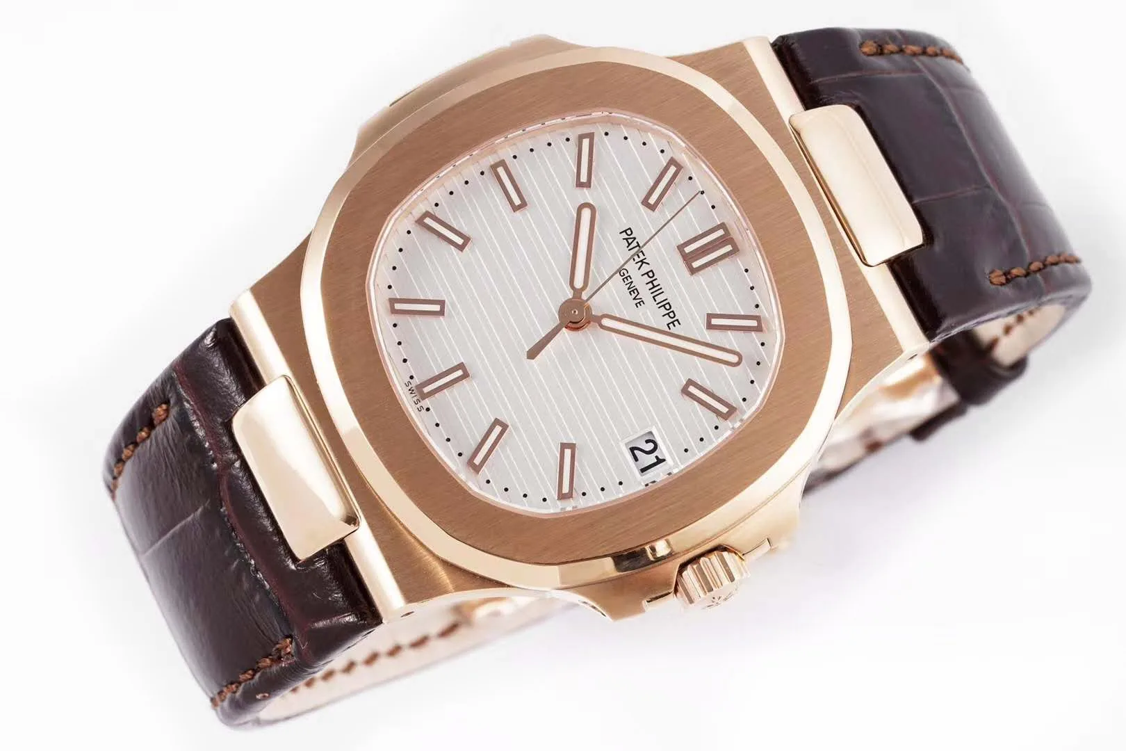 Nautilus Jumbo 5711 White Dial in Rose Gold with Brown Leather Strap - Image 2
