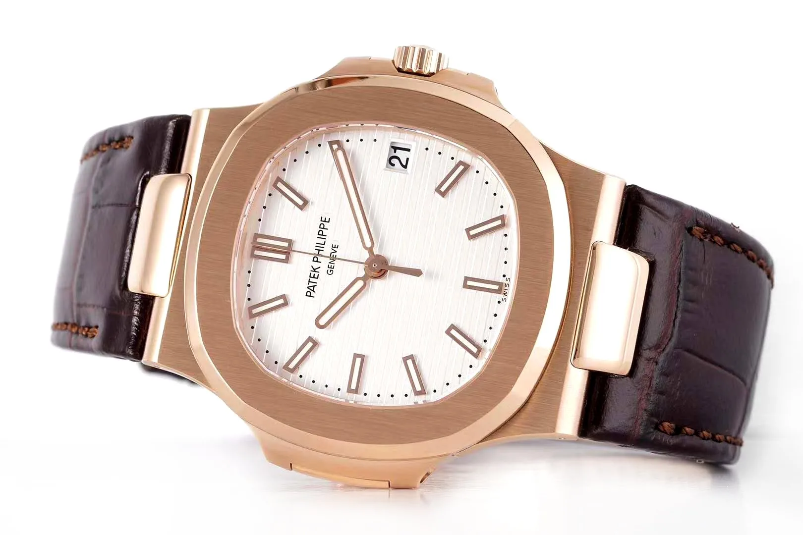 Nautilus Jumbo 5711 White Dial in Rose Gold with Brown Leather Strap - Image 3