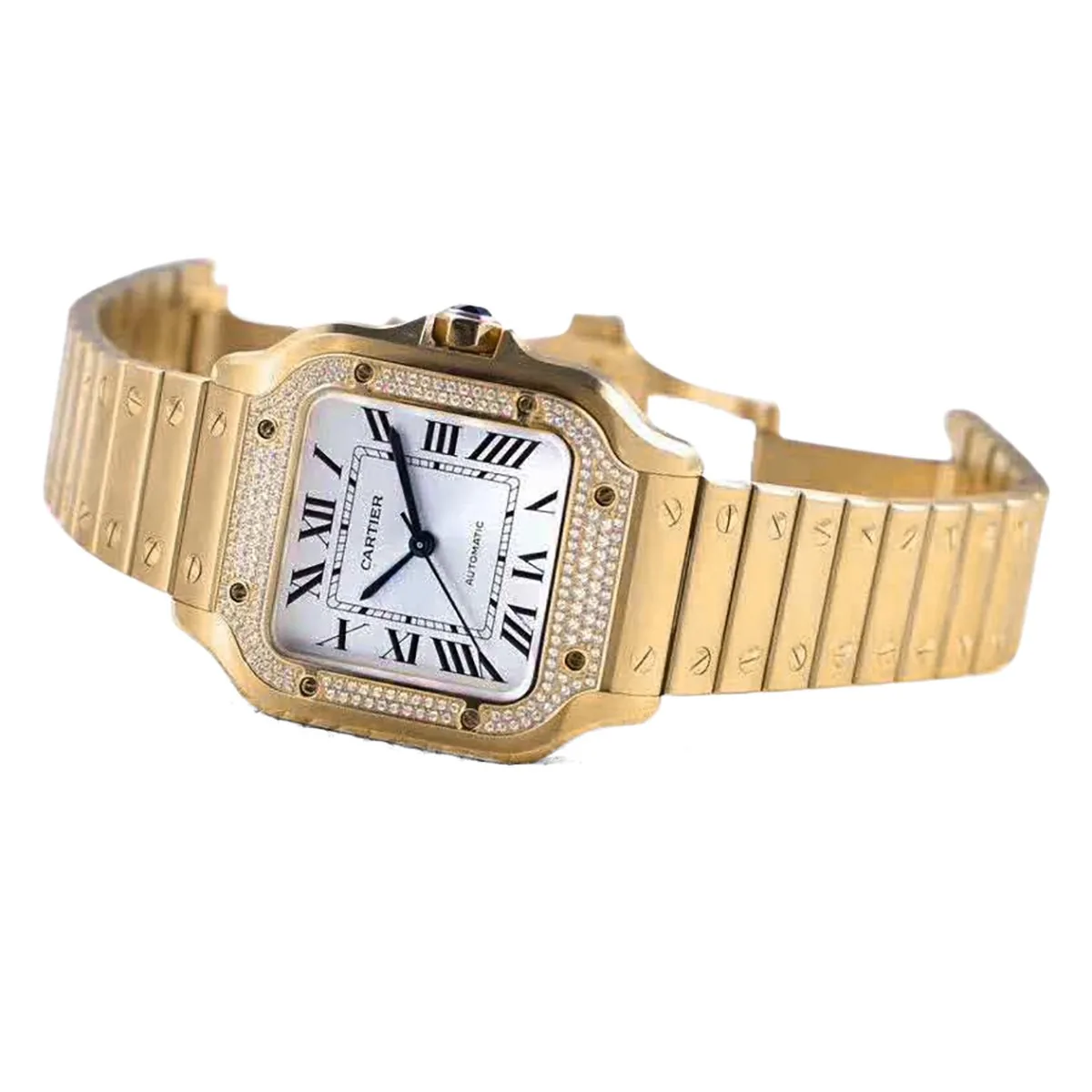 Santos de Cartier quadrante bianco con lunetta con diamanti in oro giallo - immagine 2