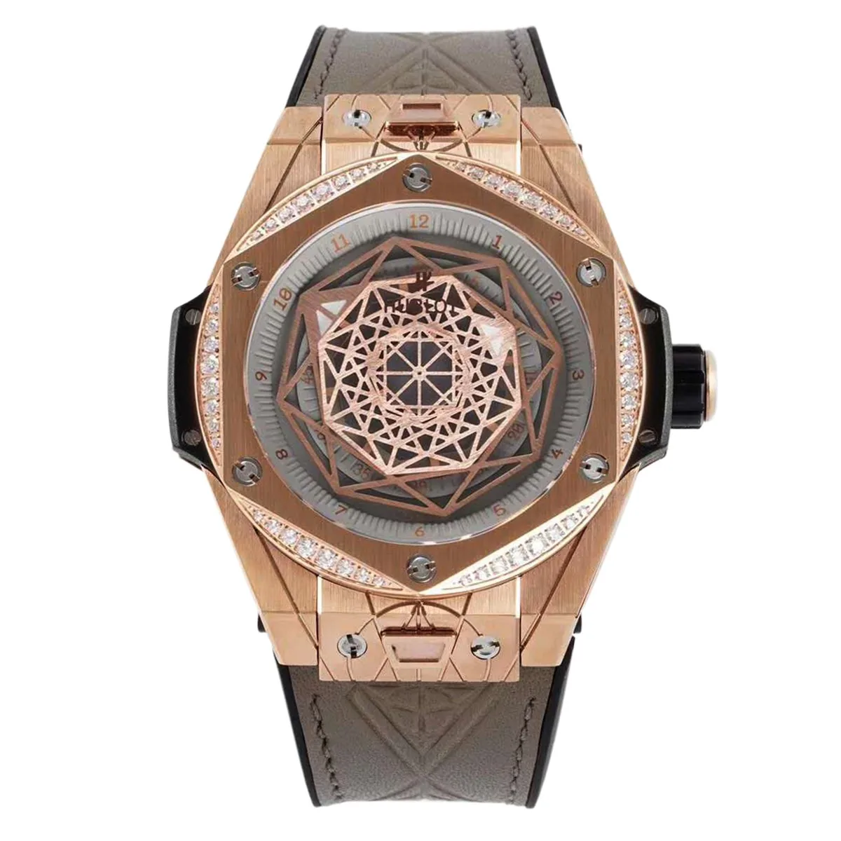 Big Bang Unico Sang Bleu in Rose Gold with Diamond Bezel on Brown Leather Strap