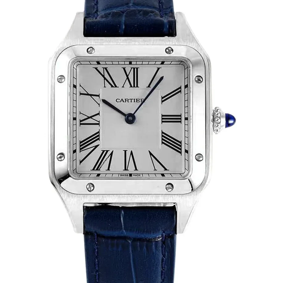 Santos-Dumont White Dial in Steel on Blue Leather Strap