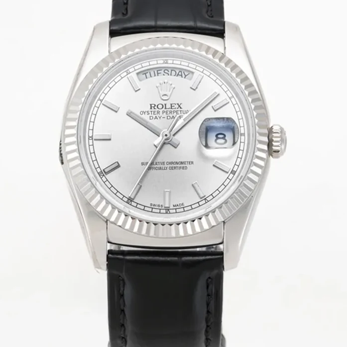 Day-Date 40 Silver Dial in White Gold on Leather Strap