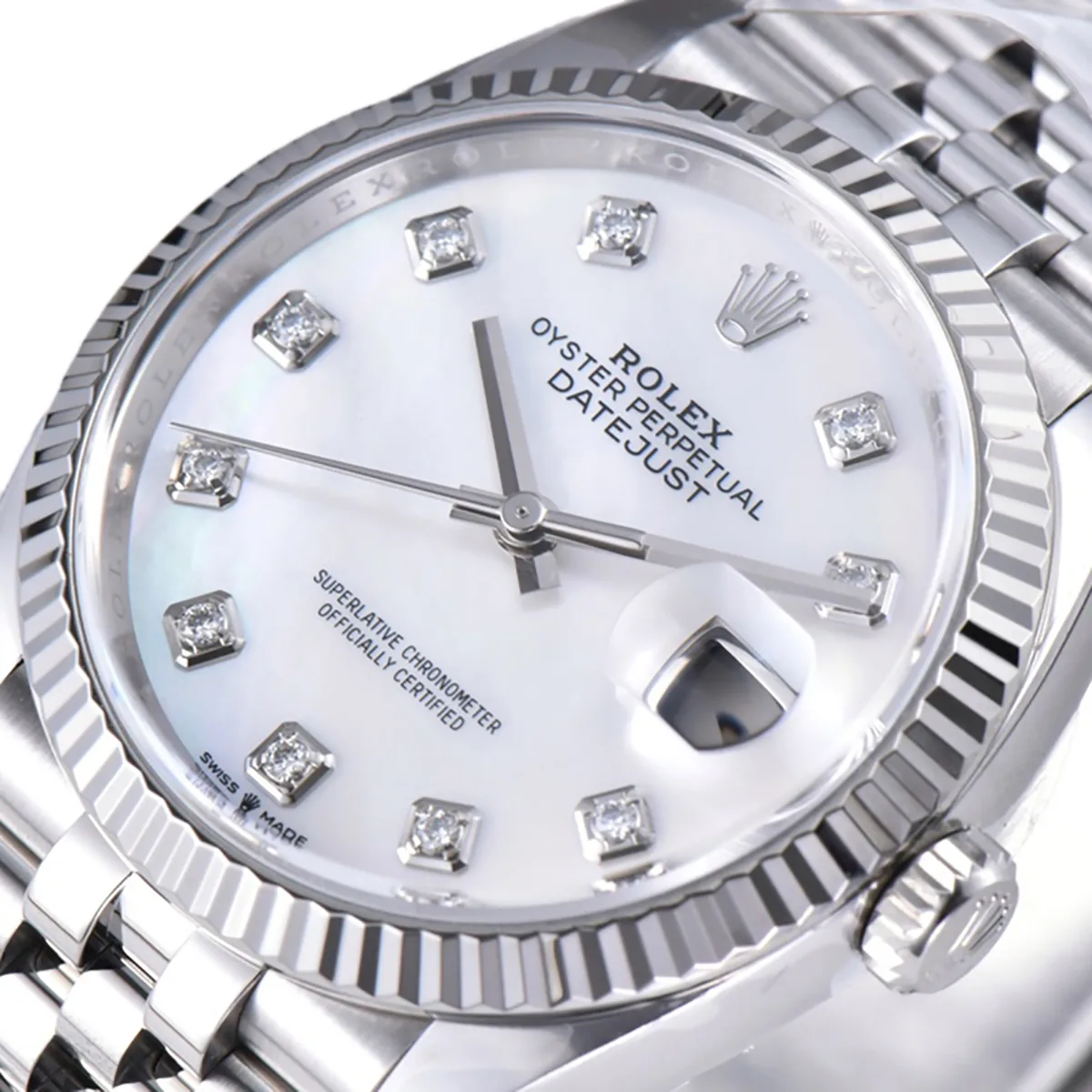 Datejust 36 126234 quadrante MOP bianco con indici con diamanti in acciaio su bracciale Jubilee - immagine 3