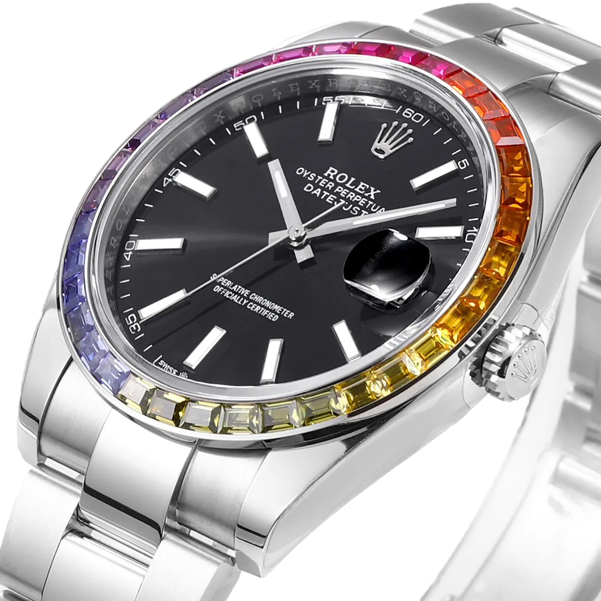 Datejust 41 cadran noir index bâtons lunette diamants arc-en-ciel en acier sur bracelet Oyster – Image 2