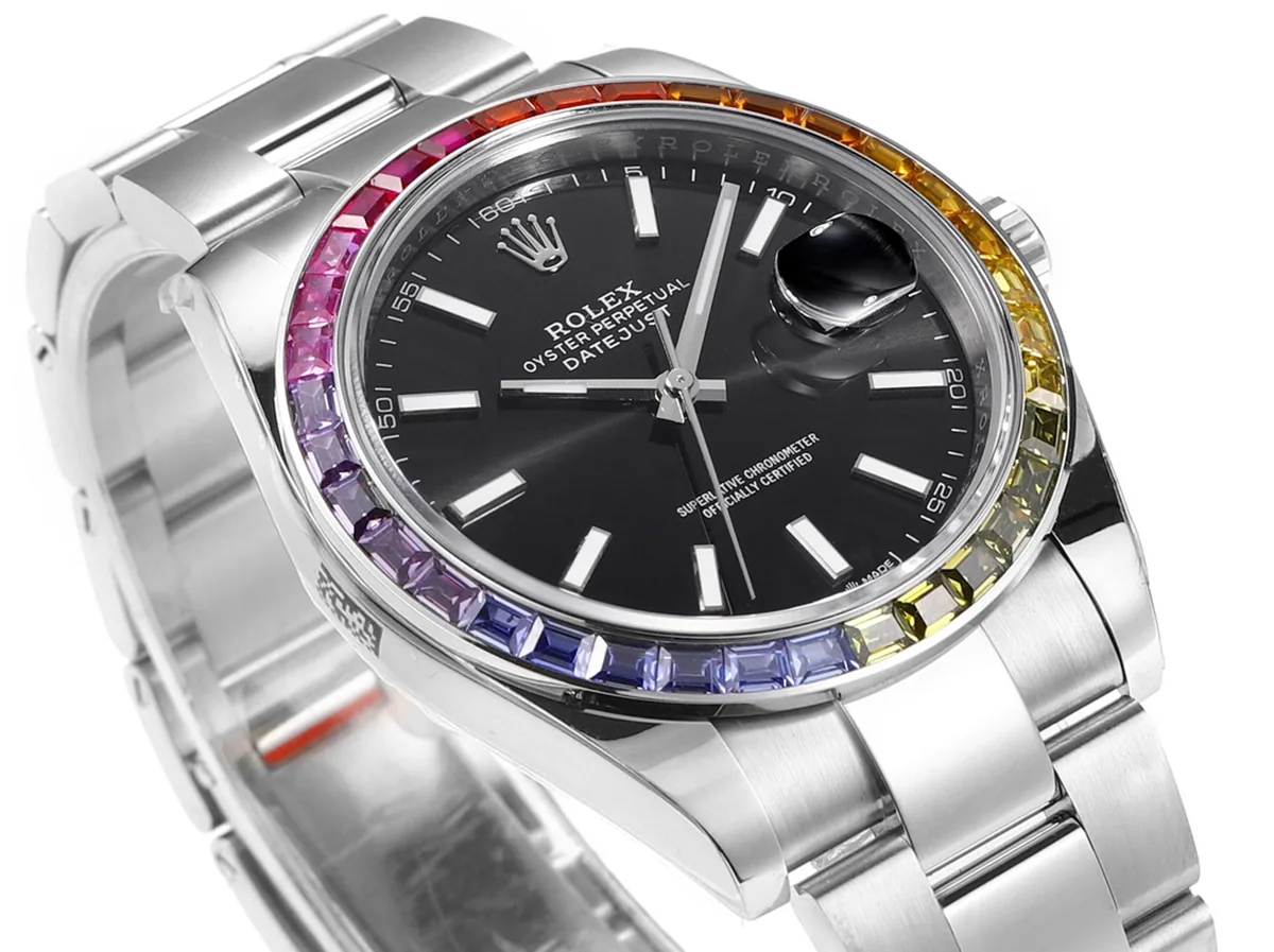 Datejust 41 cadran noir index bâtons lunette diamants arc-en-ciel en acier sur bracelet Oyster – Image 4