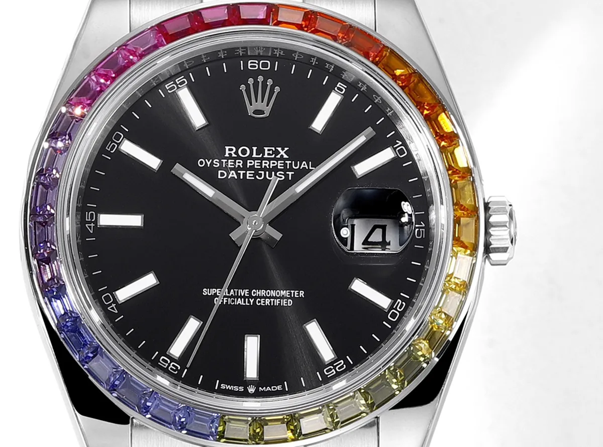 Datejust 41 cadran noir index bâtons lunette diamants arc-en-ciel en acier sur bracelet Oyster – Image 6