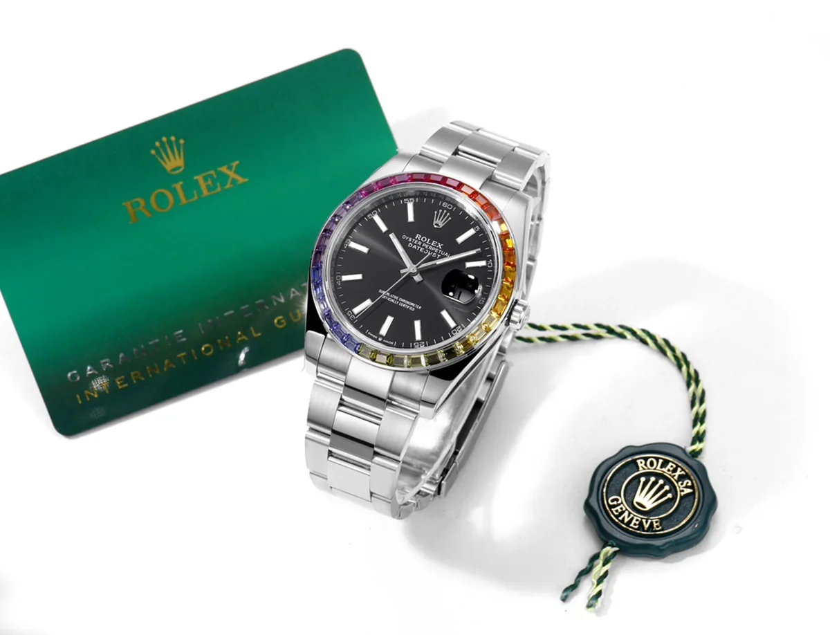 Datejust 41 cadran noir index bâtons lunette diamants arc-en-ciel en acier sur bracelet Oyster – Image 9