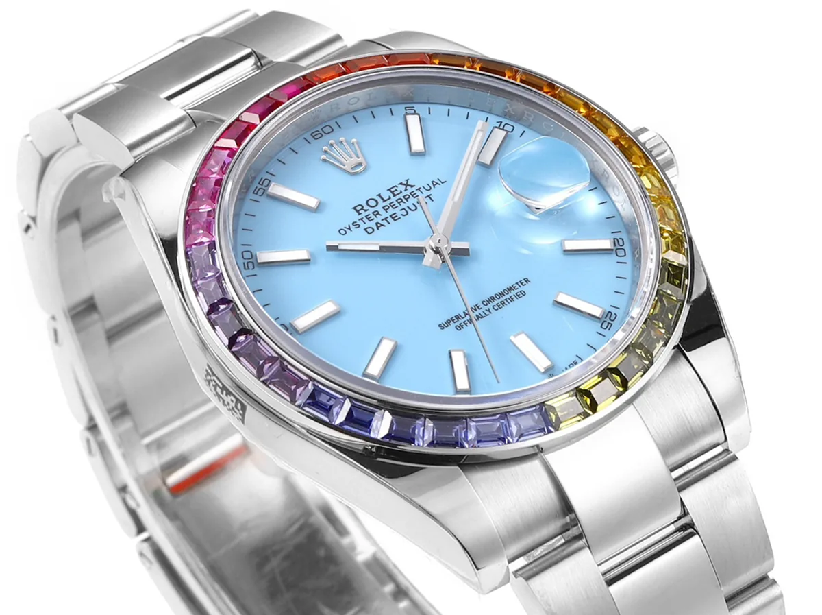 Datejust 41 cadran bleu Tiffany index bâtons lunette diamants arc-en-ciel en acier sur bracelet Oyster – Image 3