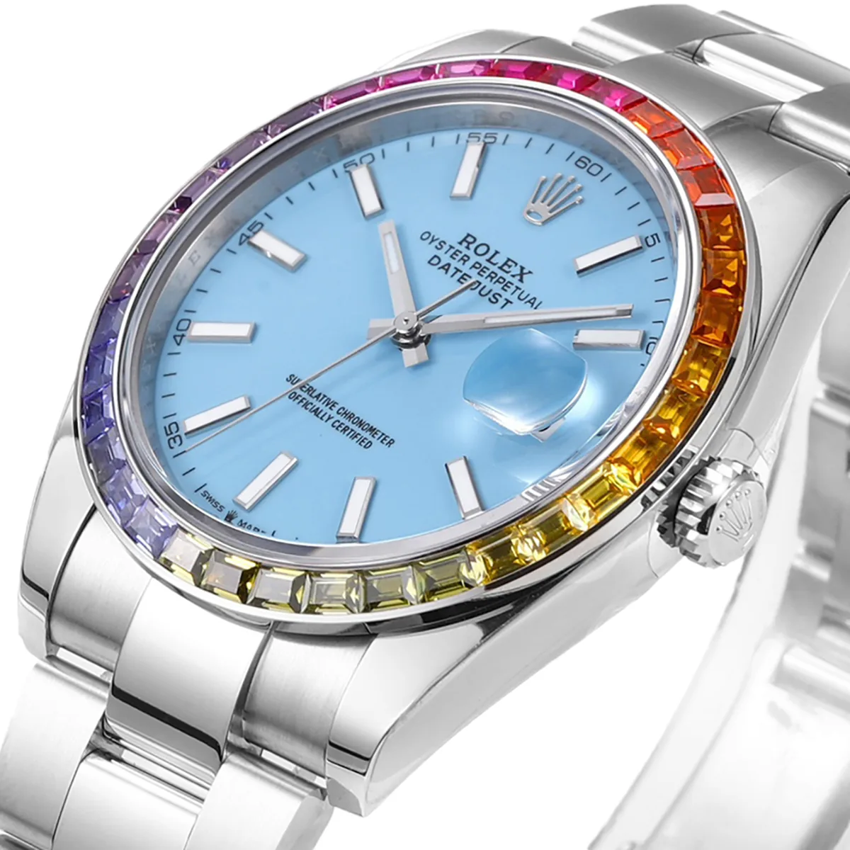 Datejust 41 cadran bleu Tiffany index bâtons lunette diamants arc-en-ciel en acier sur bracelet Oyster – Image 2
