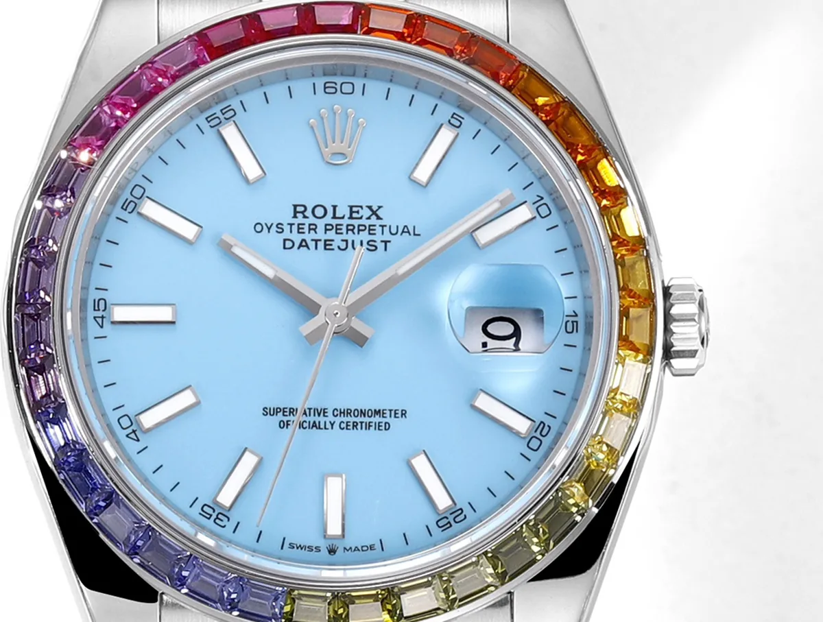 Datejust 41 cadran bleu Tiffany index bâtons lunette diamants arc-en-ciel en acier sur bracelet Oyster – Image 6
