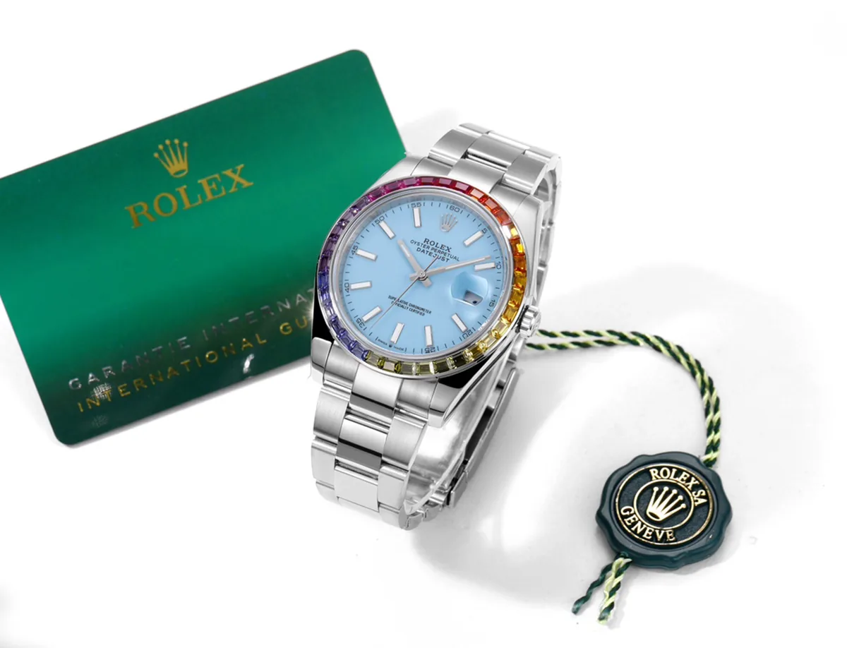 Datejust 41 cadran bleu Tiffany index bâtons lunette diamants arc-en-ciel en acier sur bracelet Oyster – Image 9