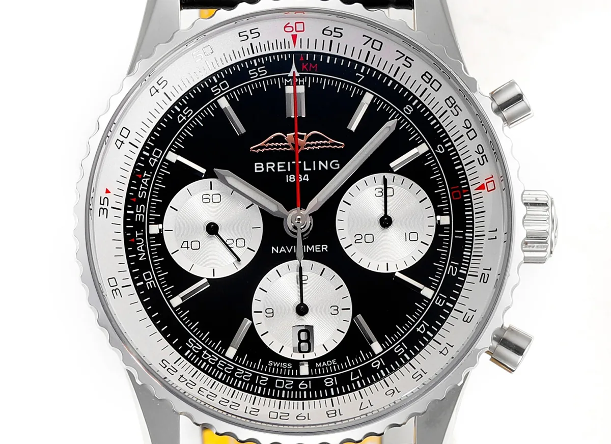 Navitimer B01 Chronograph 43 Black Dial in Steel on Leather Strap Ref. AB0138211B1P1 - Image 7