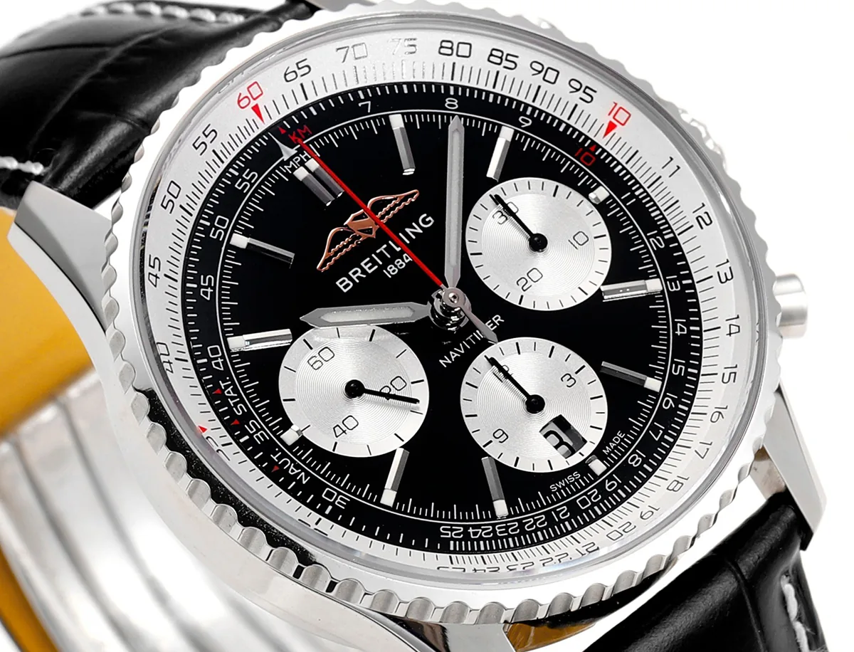 Navitimer B01 Chronograph 43 Black Dial in Steel on Leather Strap Ref. AB0138211B1P1 - Image 4