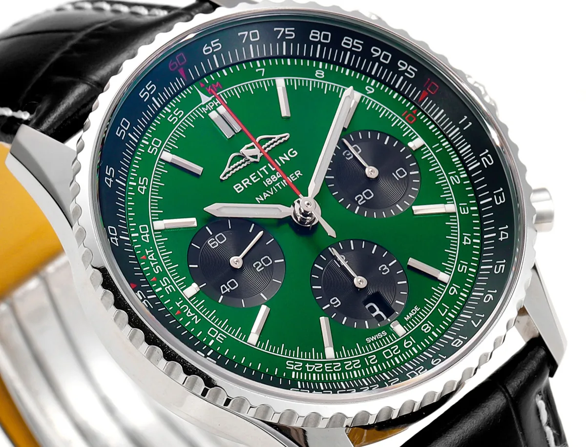 Navitimer B01 Chronograph 43 Dark Green Dial in Steel on Leather Strap - Image 5