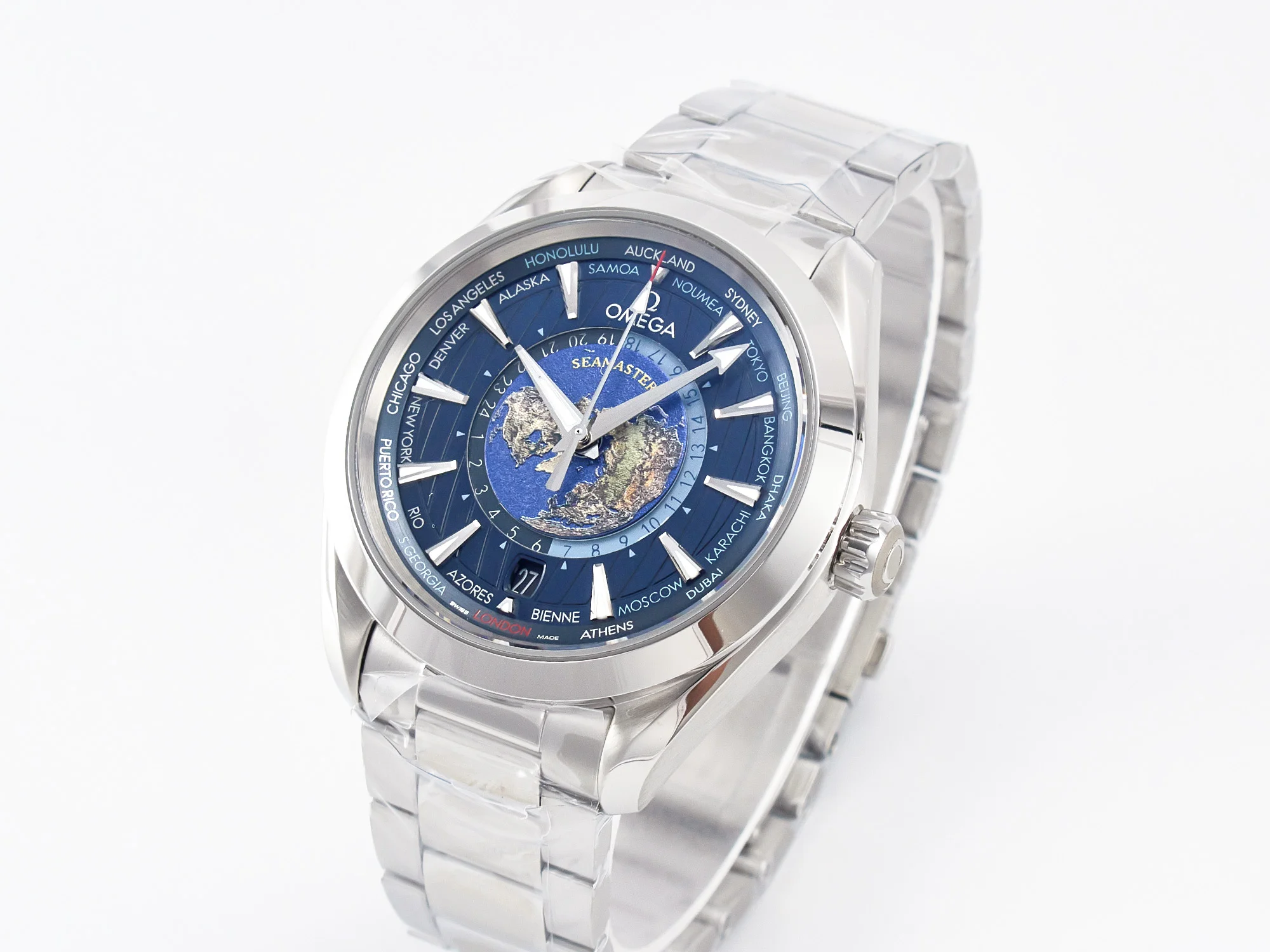 Aqua Terra 150M 43mm Worldtimer 24 VSF 1:1 Best Edition Blue Dial on SS Bracelet A8938 Super Clone