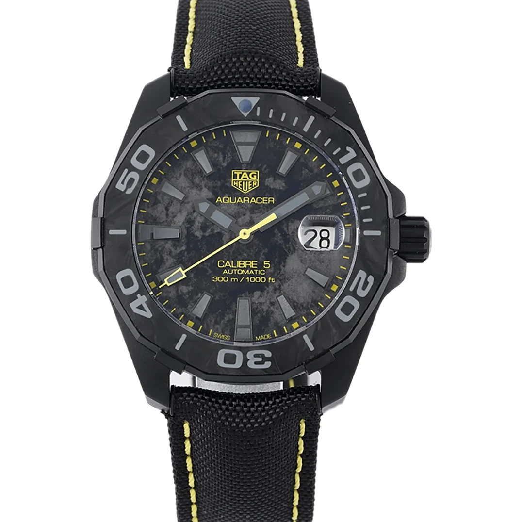 Aquaracer Calibre 5 Carbon Dial with Yellow Tachymeter