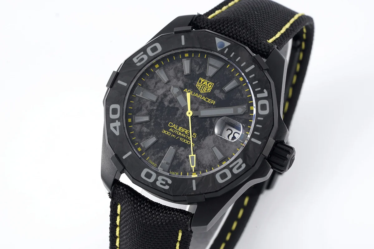 Aquaracer Calibre 5 Carbon Dial with Yellow Tachymeter