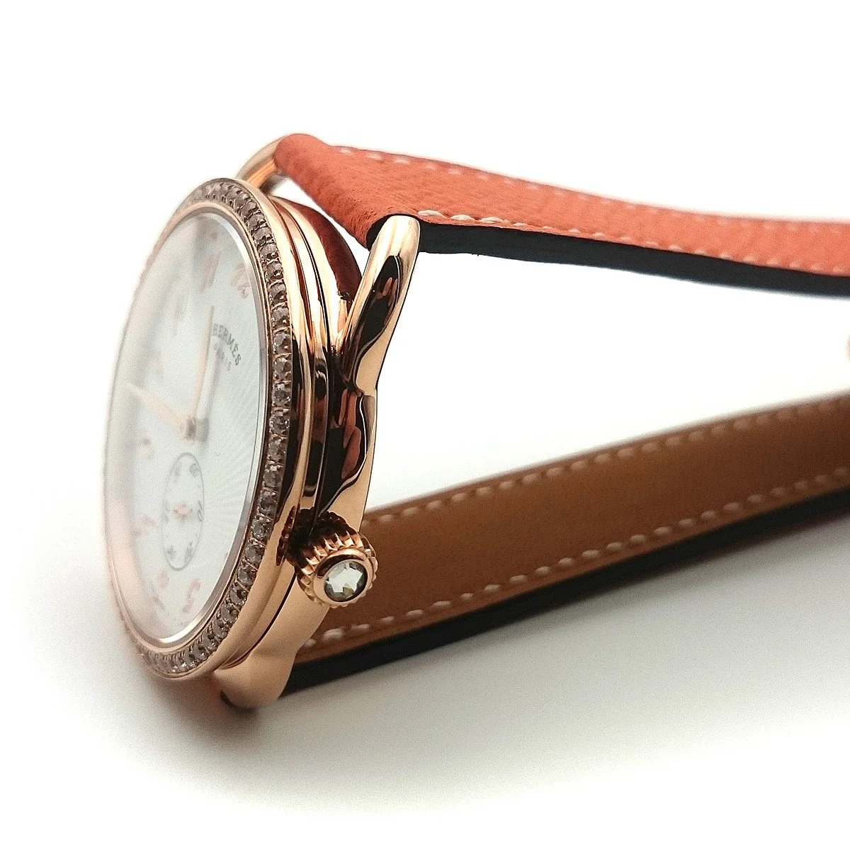 Arceau Petite Rose Gold with Diamond Bezel on Orange Epsom Leather Strap