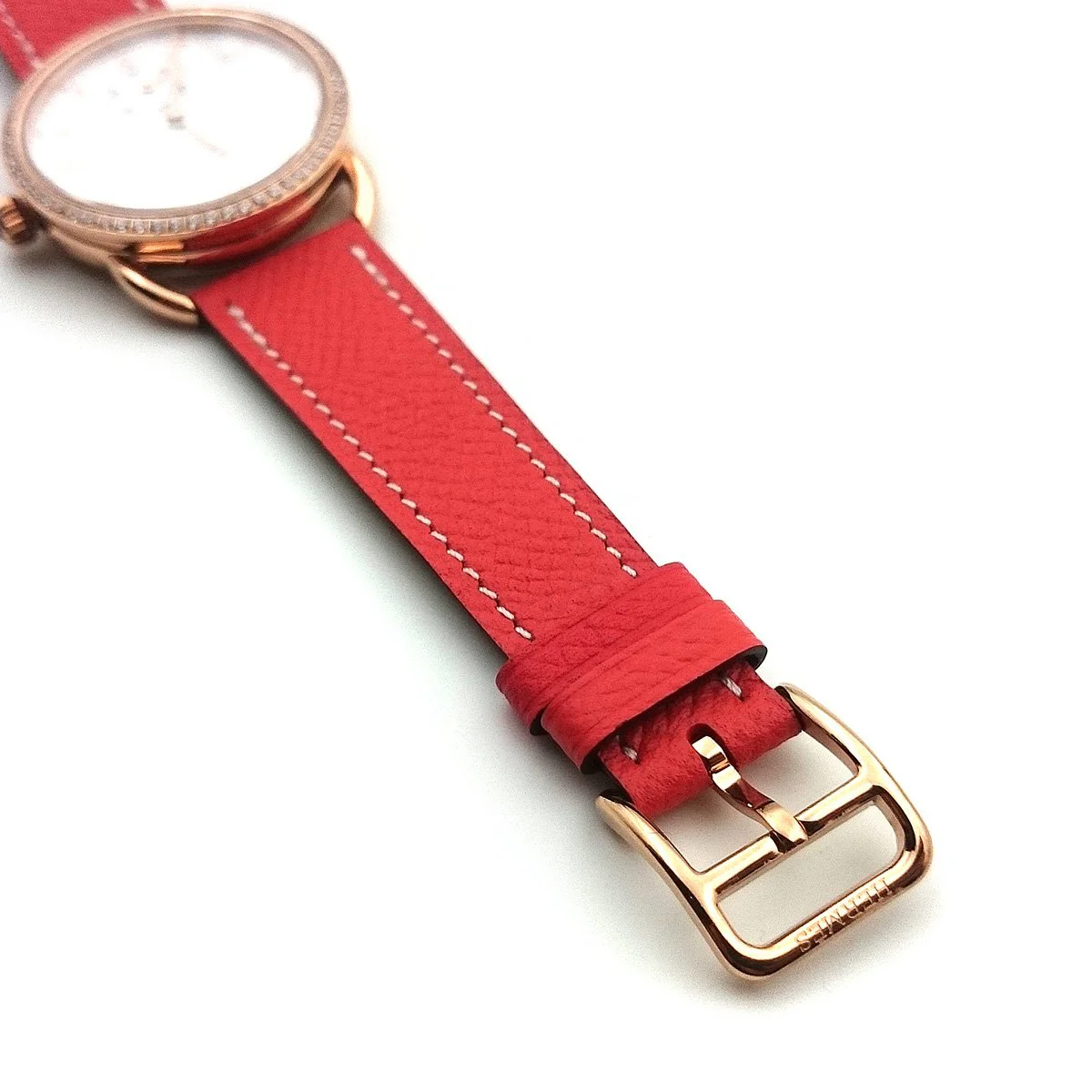 Arceau Petite Rose Gold with Diamond Bezel on Vermilion Epsom Leather Strap
