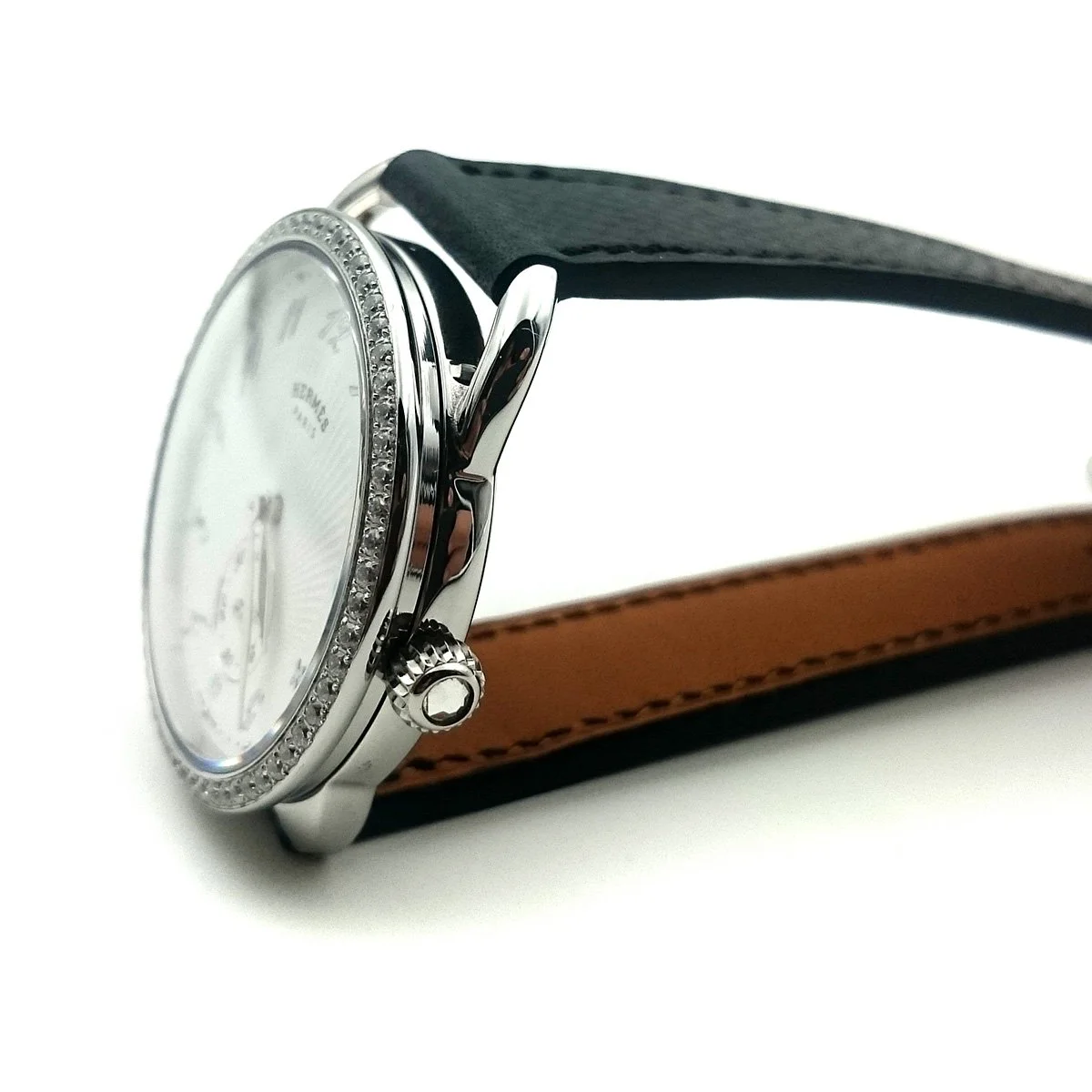 Arceau Petite Steel with Diamond Bezel on Black Epsom Leather Strap