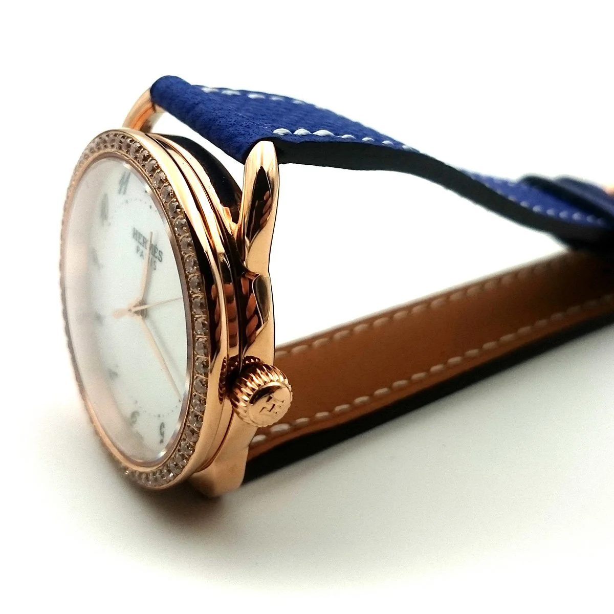 Arceau Rose Gold with Diamond Bezel on Blue Epsom Leather Strap