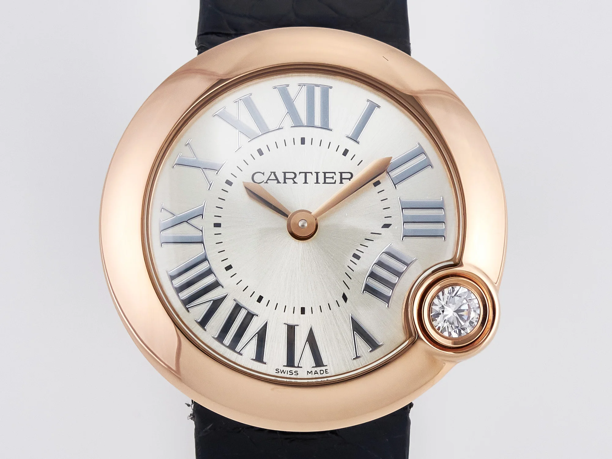 Ballon Blanc De Cartier 30mm RG DRF 1:1 Best Edition Silvered Texture Dial on Black Leather Strap Ronda Quartz