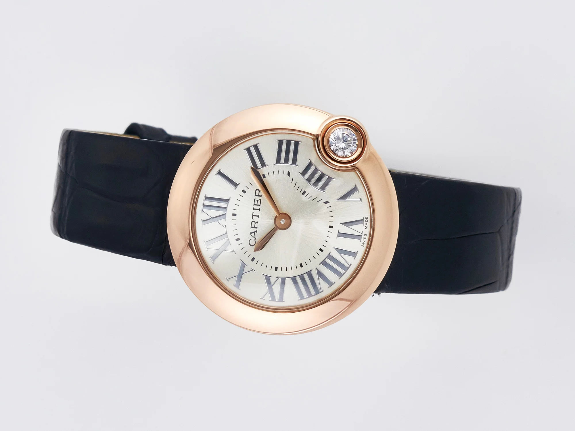 Ballon Blanc De Cartier 30mm RG DRF 1:1 Best Edition Silvered Texture Dial on Black Leather Strap Ronda Quartz