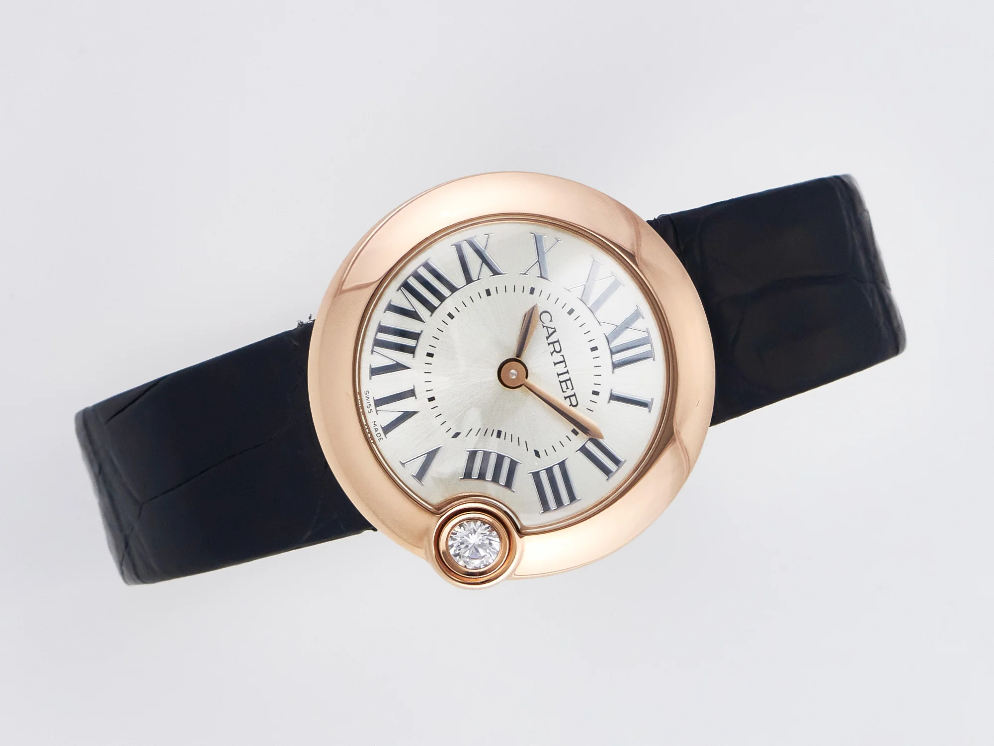 Ballon Blanc De Cartier 30mm RG DRF 1:1 Best Edition Silvered Texture Dial on Black Leather Strap Ronda Quartz