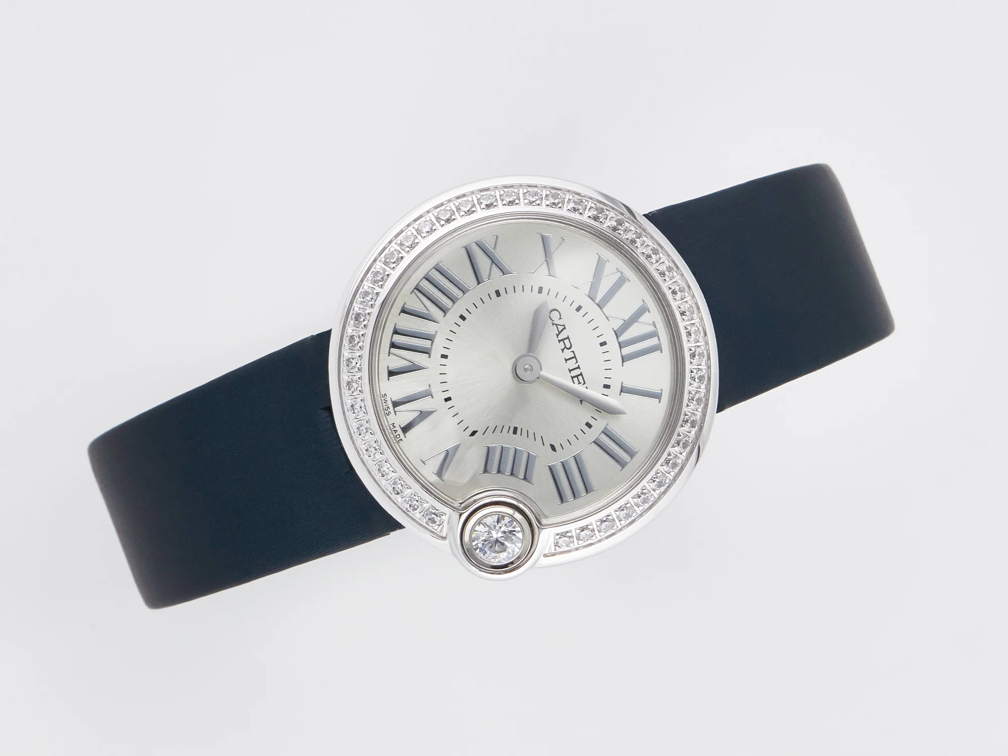 Ballon Blanc De Cartier 30mm SS DRF 1:1 Best Edition Silvered Texture Dial Diamonds Bezel on Blue Calfskin Strap Ronda Quartz