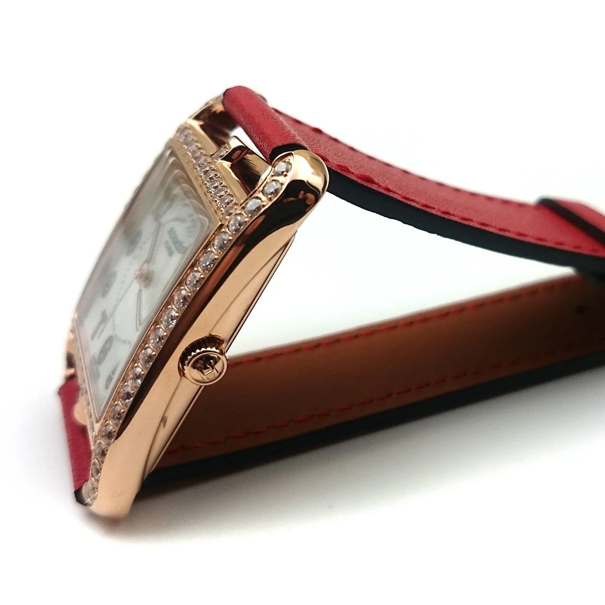 Cape Cod GM Quartz Rose Gold with Diamond Bezel on Red Fjord Leather Strap