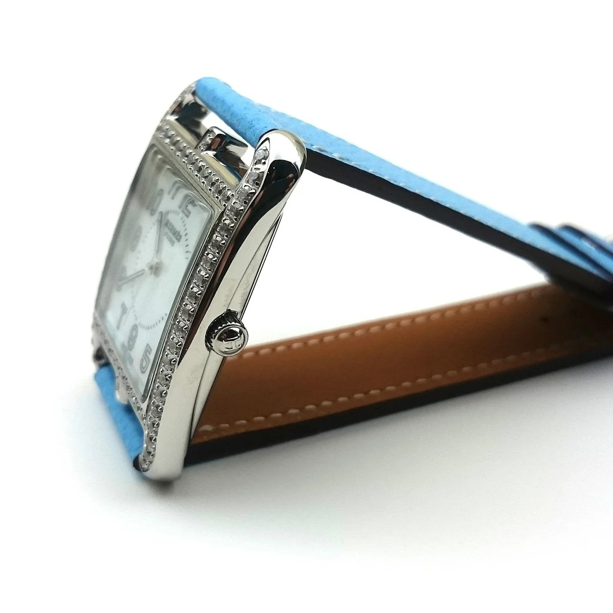 Cape Cod Steel with Diamond Bezel on Light Blue Epsom Leather Strap