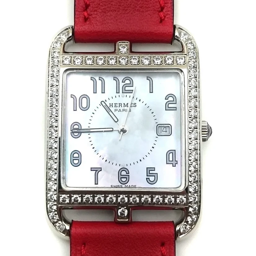 Cape Cod Steel with Diamond Bezel on Red Fjord Leather Strap