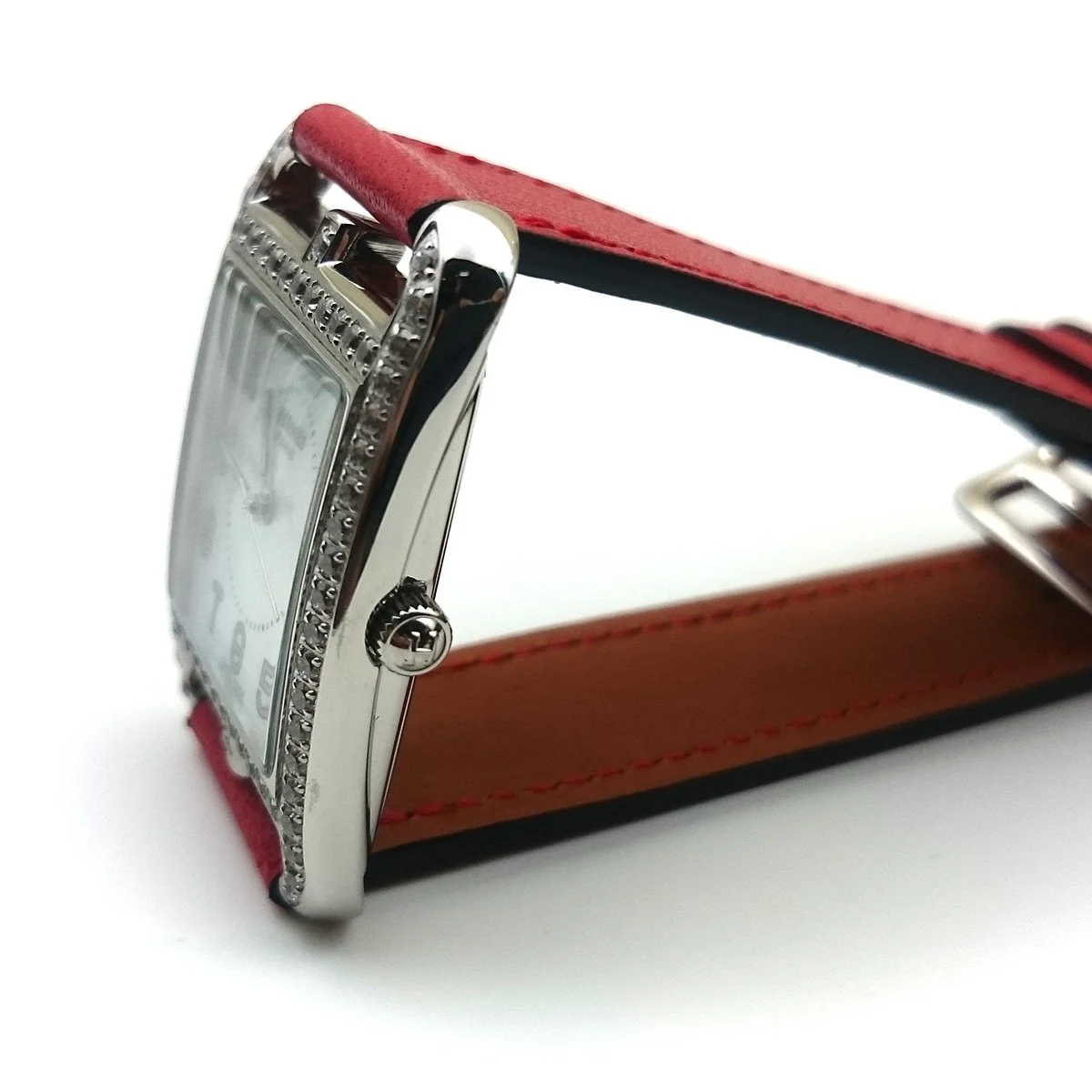 Cape Cod Steel with Diamond Bezel on Red Fjord Leather Strap