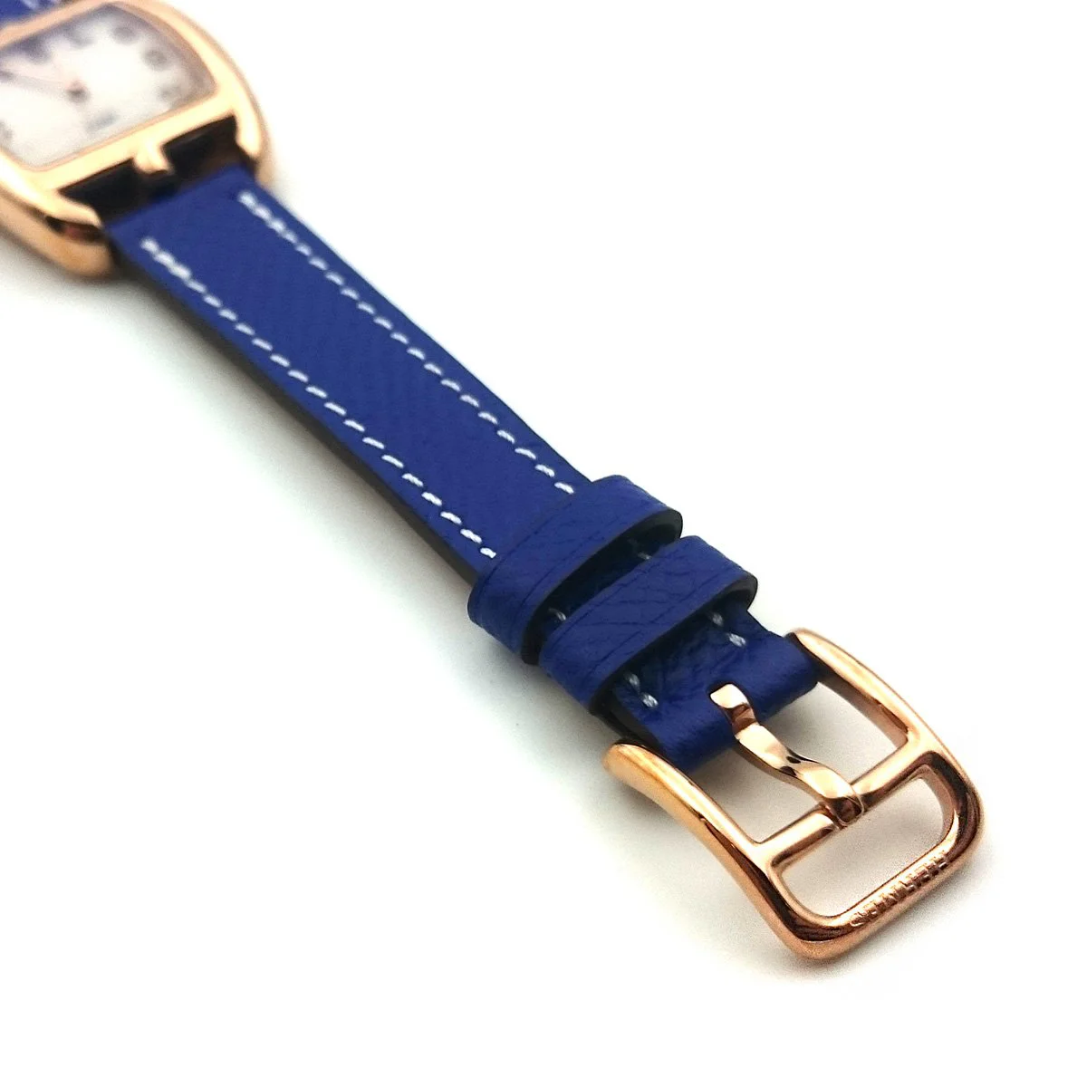 Cape Cod Tonneau Rose Gold on Blue Epsom Leather Strap