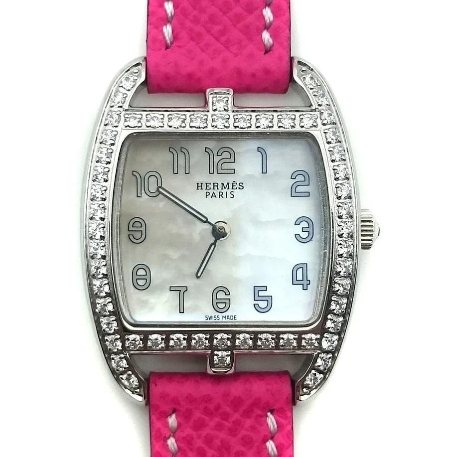Cape Cod Tonneau Steel with Diamond Bezel on Pink Epsom Leather Strap