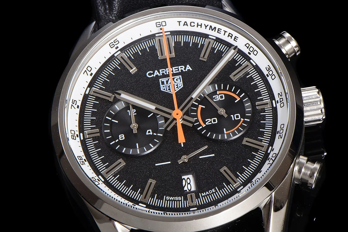 Carrera Chronograph 43 Black Dial on Leather Strap