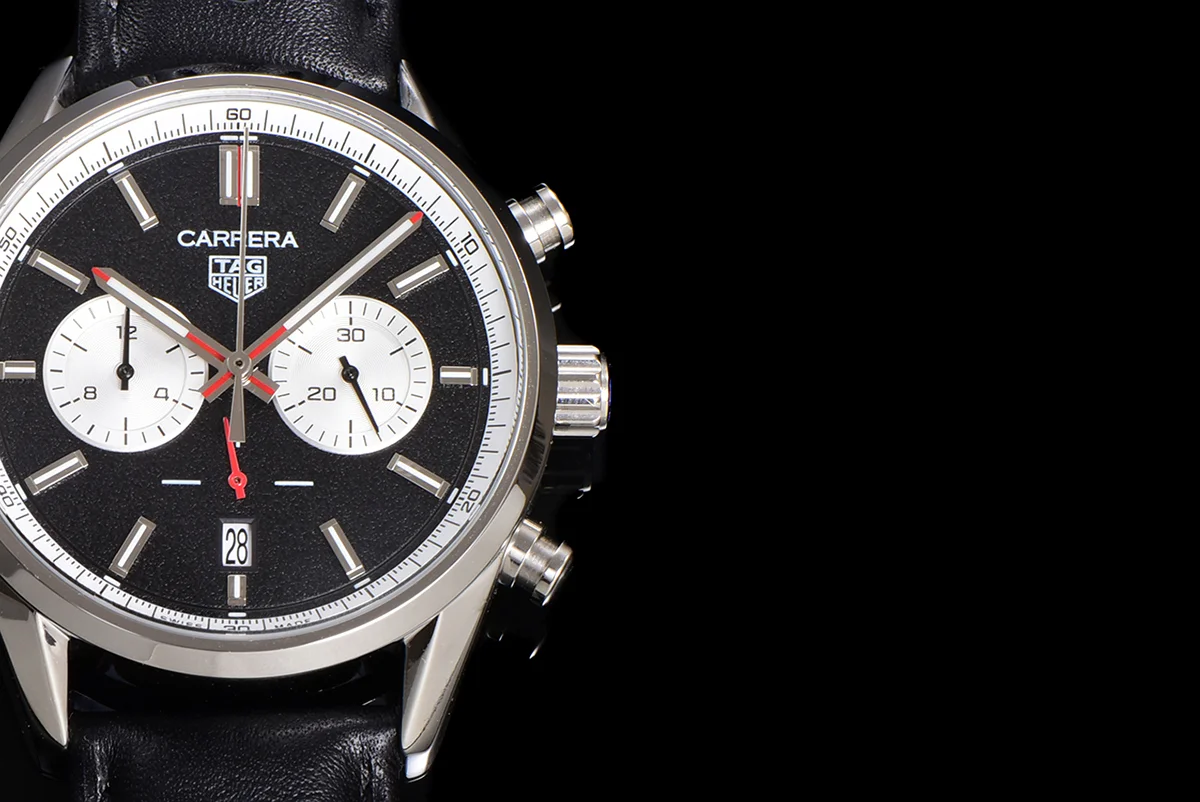 Carrera Chronograph 43 Black Dial on Leather Strap
