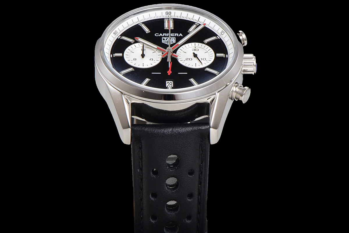 Carrera Chronograph 43 Black Dial on Leather Strap