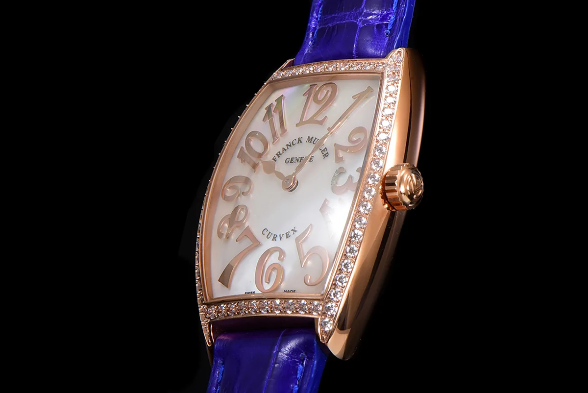 Cintree Curve MOP Dial in Rose Gold on Blue Leather Strap