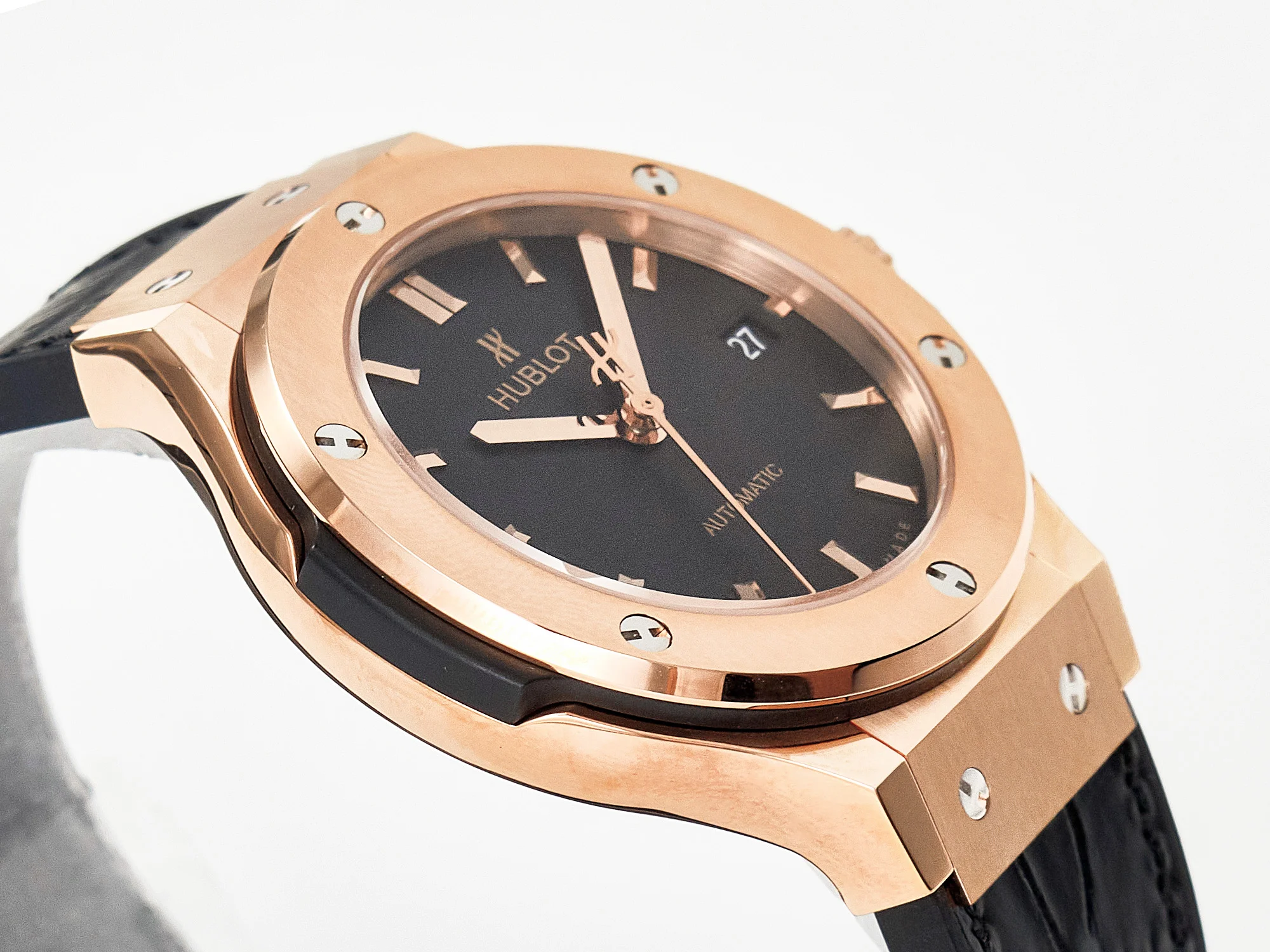 Classic Fusion 38mm RG JJF 1:1 Best Edition Black Dial on Black Gummy Leather Strap
