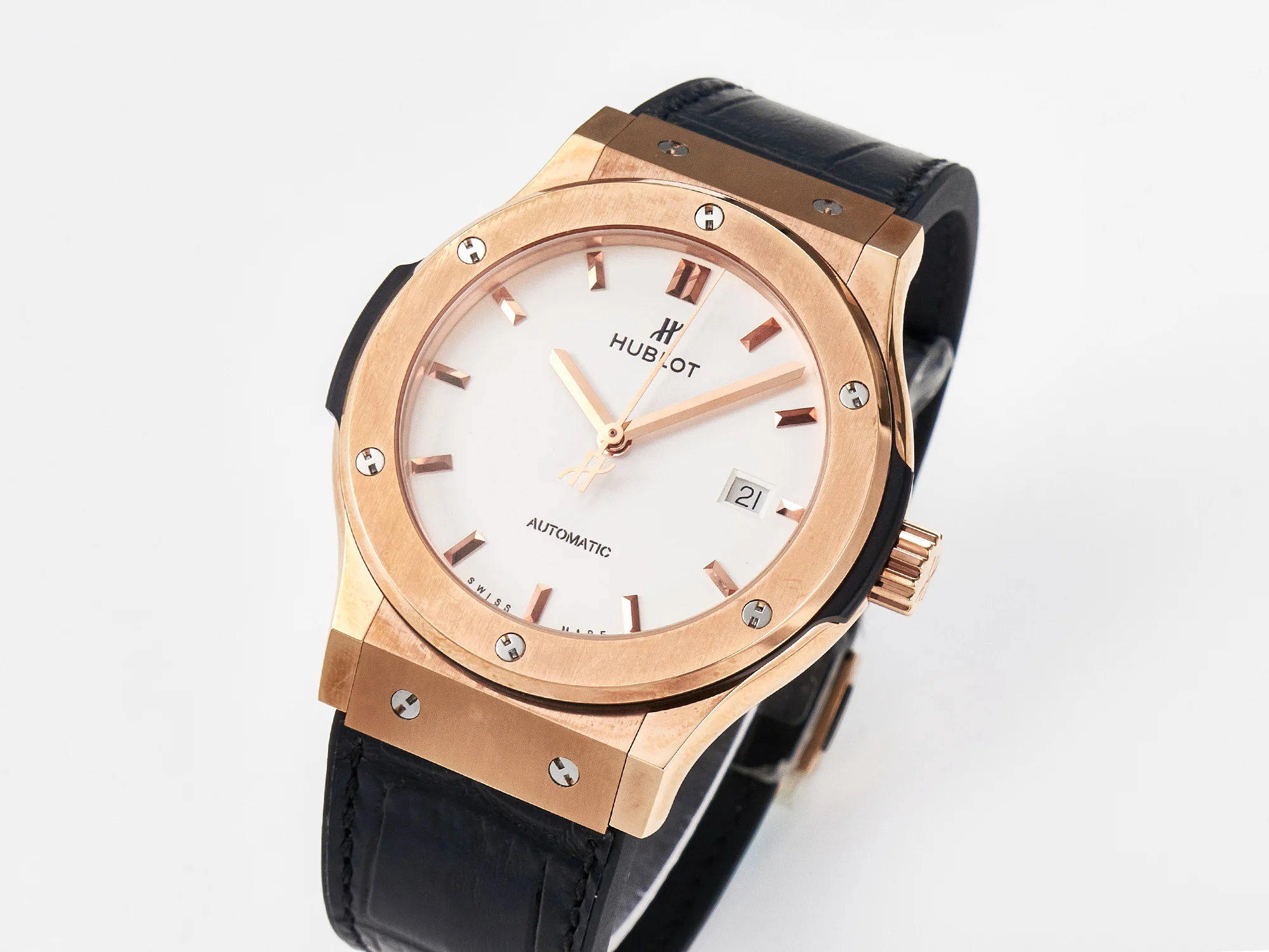 Classic Fusion 42mm RG JJF 1:1 Best Edition White Dial on Black Gummy Leather Strap