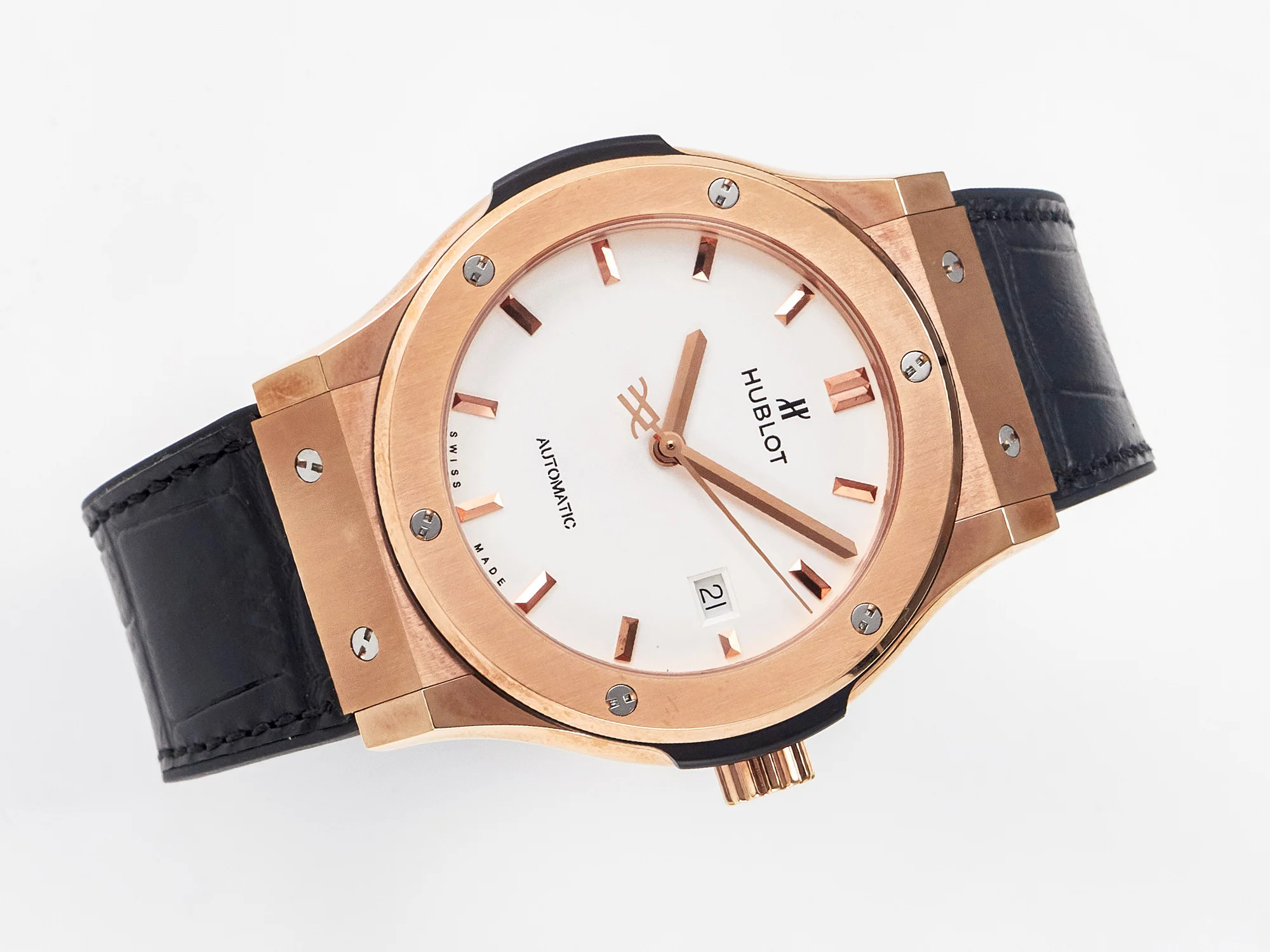 Classic Fusion 42mm RG JJF 1:1 Best Edition White Dial on Black Gummy Leather Strap